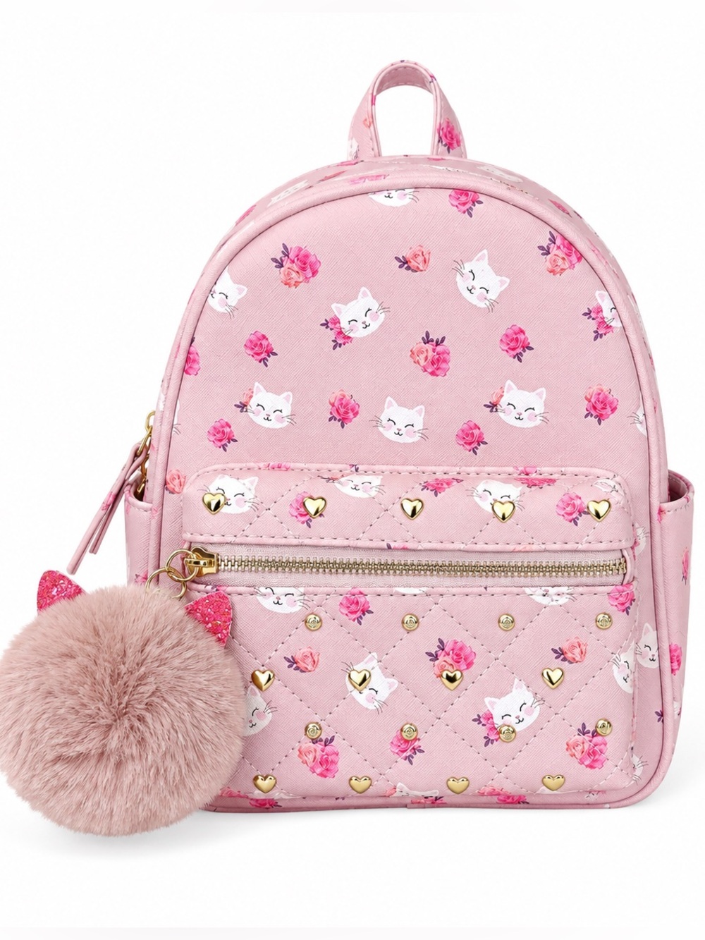 Pink Cat & Rose Mini Backpack with Pom Keychain